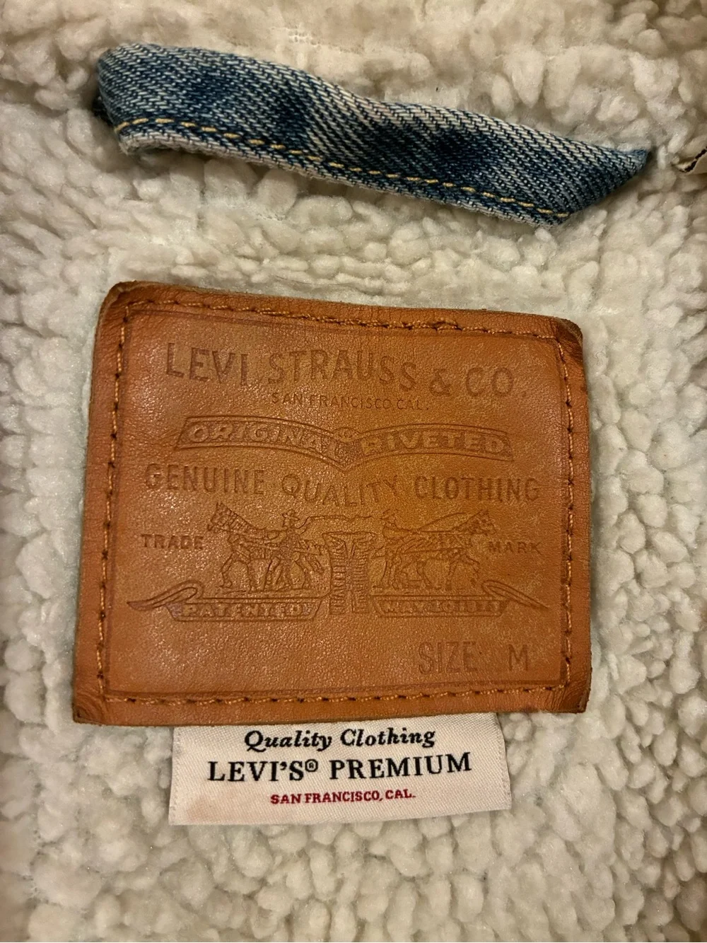 Levi's Cream Sherpa Jacket with Light Blue Denim Accents and Brown Leather Patch
